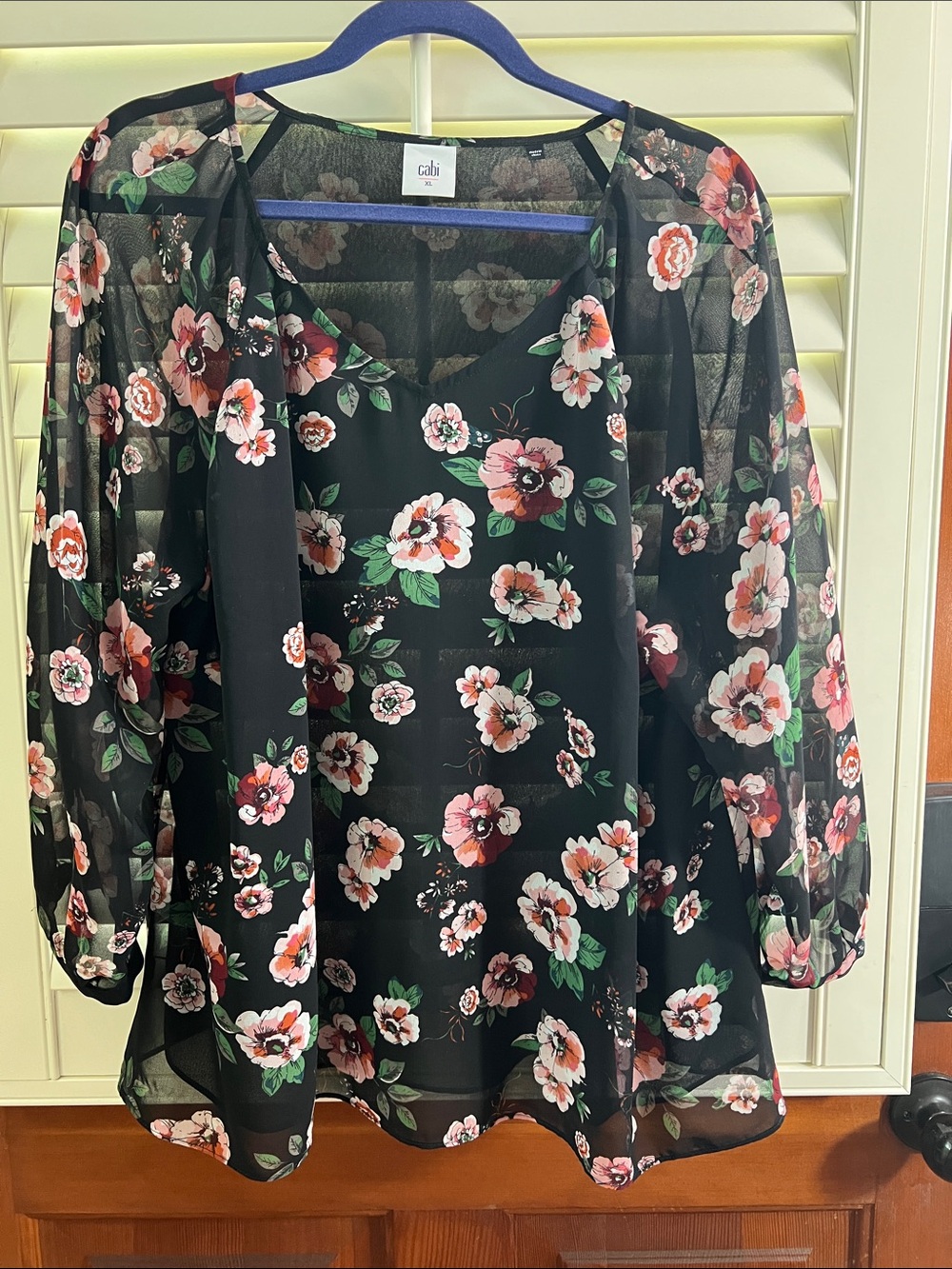 CAbi Black Floral Sheer V-Neck Blouse with Pink Blossoms EUC